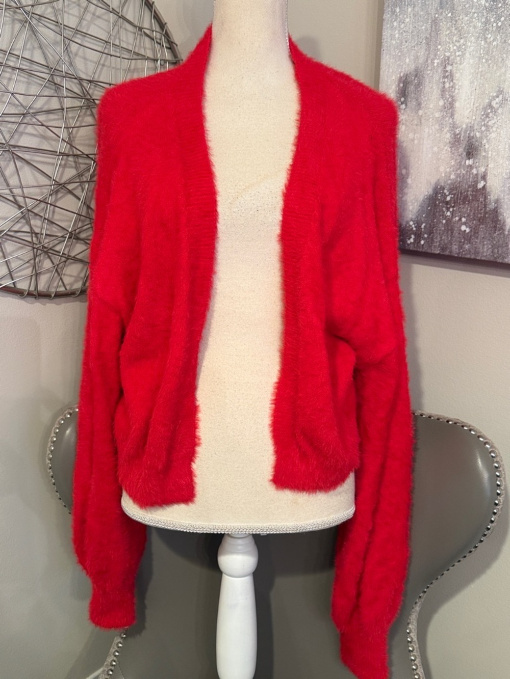 Red Fuzzy Open-Front Women's Sweater Cardigan